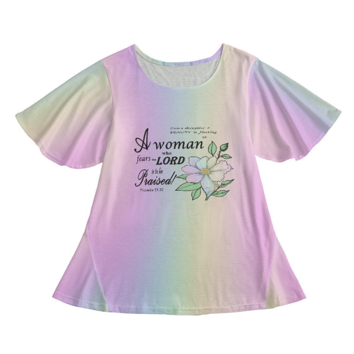 Women’s Round Neck Short Sleeve Butterfly Sleeves Tunic Mini Dress with Floral Proverbs 31:30 Graphic on Pastel Rainbow Background – Elegant Ruffle Hem Christian Fashion Top - Printspirationz