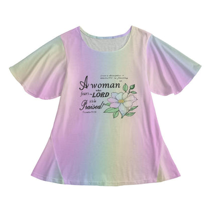 Women’s Round Neck Short Sleeve Butterfly Sleeves Tunic Mini Dress with Floral Proverbs 31:30 Graphic on Pastel Rainbow Background – Elegant Ruffle Hem Christian Fashion Top - Printspirationz