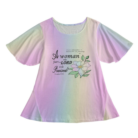 Women’s Round Neck Short Sleeve Butterfly Sleeves Tunic Mini Dress with Floral Proverbs 31:30 Graphic on Pastel Rainbow Background – Elegant Ruffle Hem Christian Fashion Top - Printspirationz