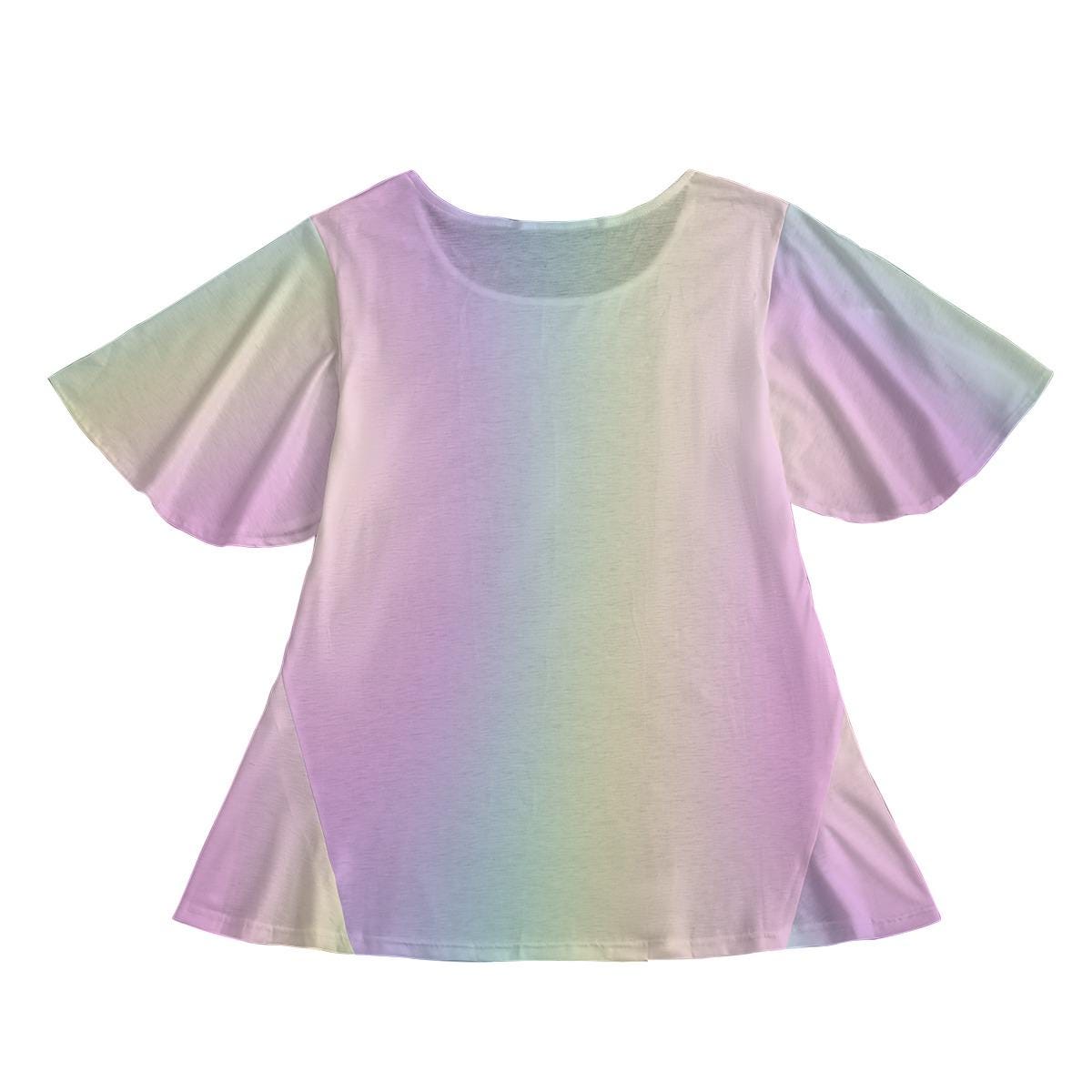 Women’s Round Neck Short Sleeve Butterfly Sleeves Tunic Mini Dress with Floral Proverbs 31:30 Graphic on Pastel Rainbow Background – Elegant Ruffle Hem Christian Fashion Top - Printspirationz