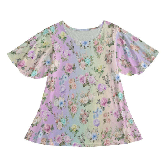 Women’s Round Neck Short Sleeve Butterfly Sleeves Tunic Mini Dress with Pastel Floral Design – Elegant Ruffle Hem Casual Fashion Top
