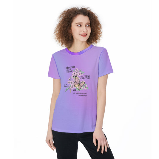 Women’s Scripture Jersey Tee – Caterpillar to Butterfly Design with 2 Corinthians 5:17 Bible Verse - Gradient Lavender - Printspirationz