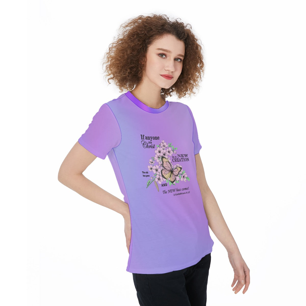 Women’s Scripture Jersey Tee – Caterpillar to Butterfly Design with 2 Corinthians 5:17 Bible Verse - Gradient Lavender - Printspirationz