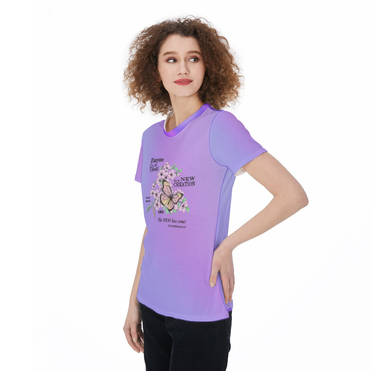 Women’s Scripture Jersey Tee – Caterpillar to Butterfly Design with 2 Corinthians 5:17 Bible Verse - Gradient Lavender - Printspirationz
