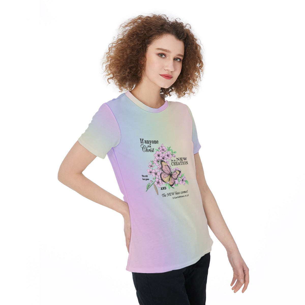 Women’s Scripture Jersey Tee – Caterpillar to Butterfly Design with 2 Corinthians 5:17 Bible Verse - Pastel Rainbow - Printspirationz