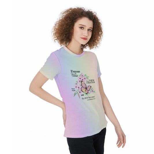 Women’s Scripture Jersey Tee – Caterpillar to Butterfly Design with 2 Corinthians 5:17 Bible Verse - Pastel Rainbow - Printspirationz