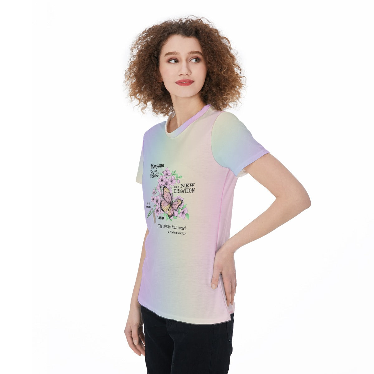 Women’s Scripture Jersey Tee – Caterpillar to Butterfly Design with 2 Corinthians 5:17 Bible Verse - Pastel Rainbow - Printspirationz