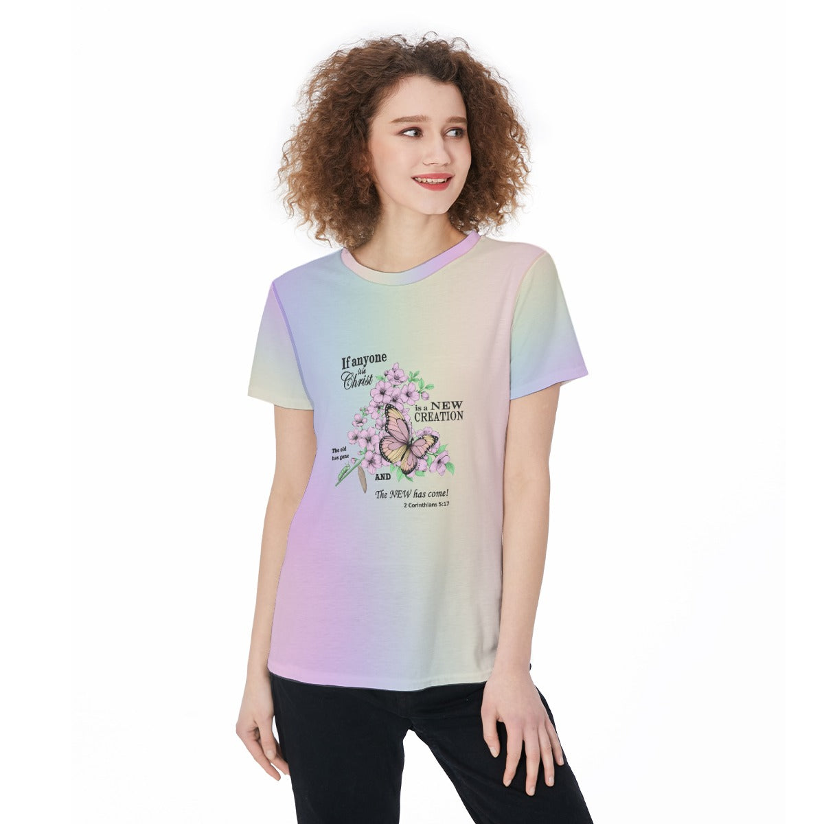 Women’s Scripture Jersey Tee – Caterpillar to Butterfly Design with 2 Corinthians 5:17 Bible Verse - Pastel Rainbow - Printspirationz