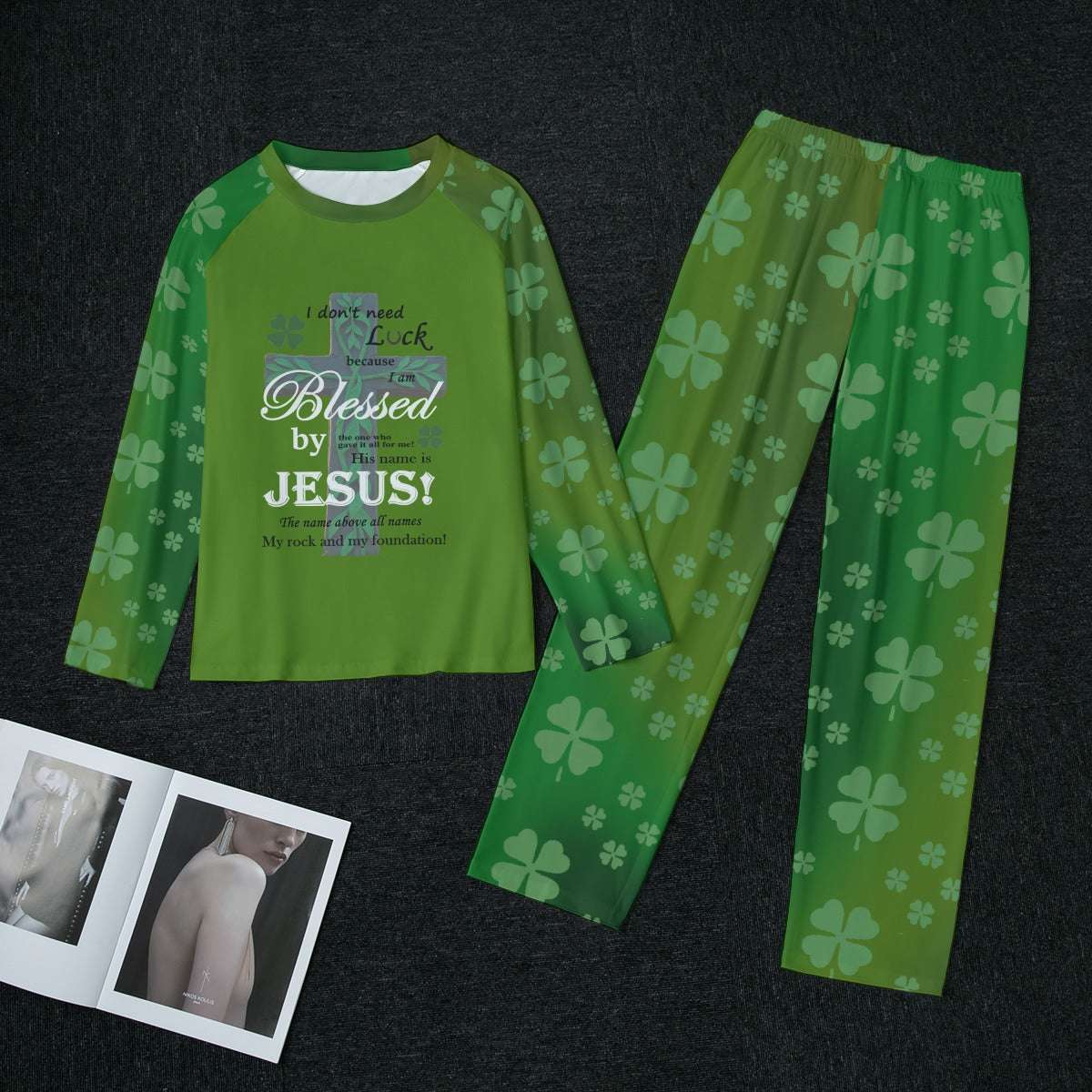 Womens Raglan Pajama Set with Blessed by Jesus Shirt and Shamrock Pants