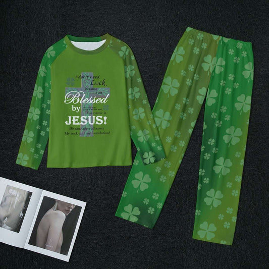 Womens Raglan Pajama Set with Blessed by Jesus Shirt and Shamrock Pants