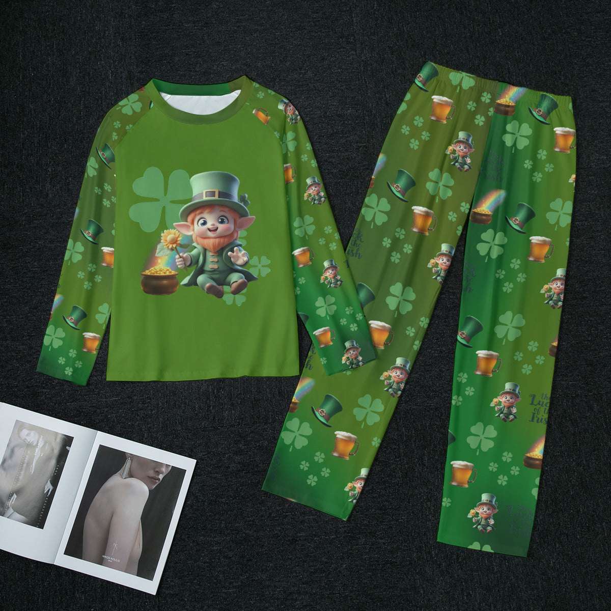 Womens Raglan Pajama Set with Leprechaun Top and Shamrock Pants
