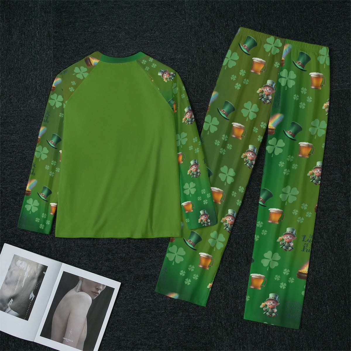 Womens Raglan Pajama Set with Leprechaun Top and Shamrock Pants