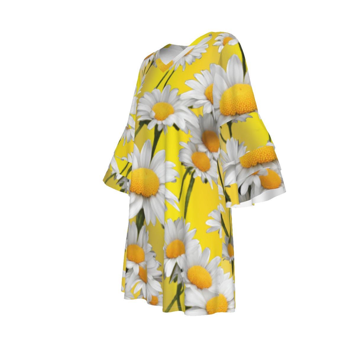 Yellow Daisy Stacked Ruffle Sleeve Dress - Perfect Summer Outfit - Adorable, Cute & Comfy - Printspirationz