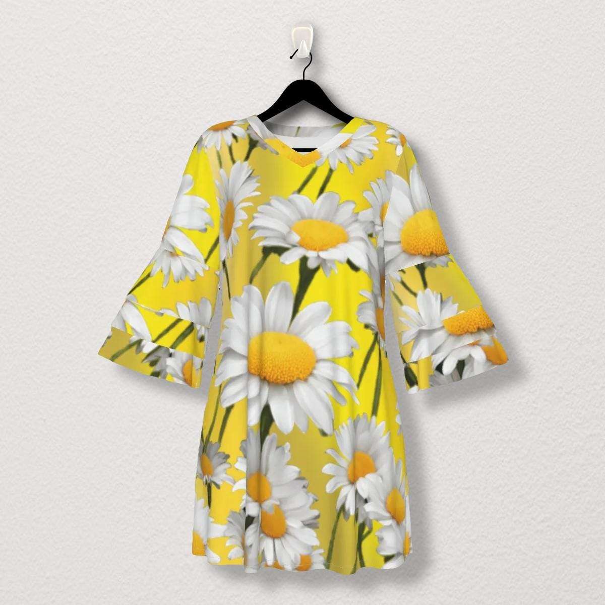 Yellow Daisy Stacked Ruffle Sleeve Dress - Perfect Summer Outfit - Adorable, Cute & Comfy