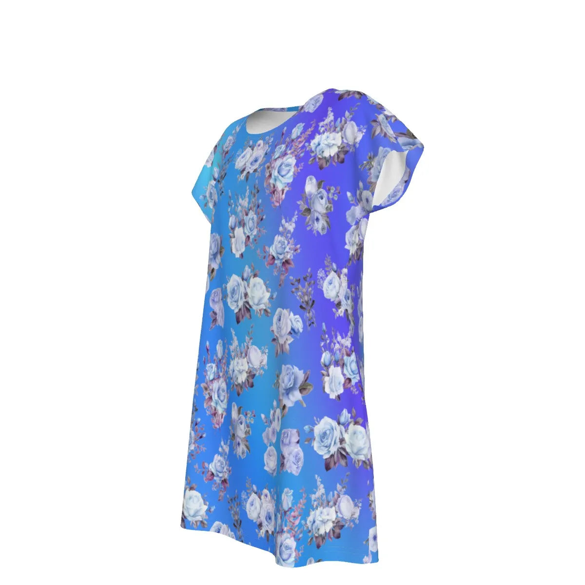 Women's Oversized Short Sleeve T-shirt Dress For Women - With Vibrant Blue Floral Pattern - Printspirationz