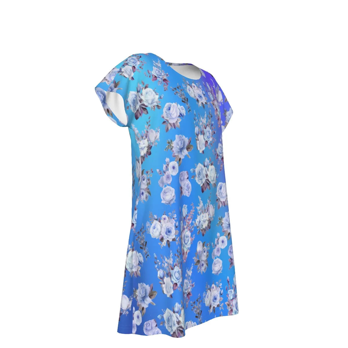 Women's Oversized Short Sleeve T-shirt Dress For Women - With Vibrant Blue Floral Pattern - Printspirationz