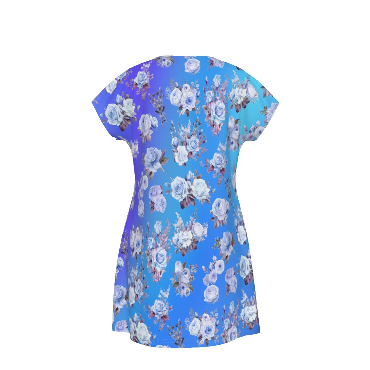 Women's Oversized Short Sleeve T-shirt Dress For Women - With Vibrant Blue Floral Pattern - Printspirationz