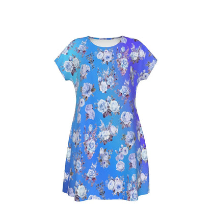 Women's Oversized Short Sleeve T-shirt Dress For Women - With Vibrant Blue Floral Pattern - Printspirationz