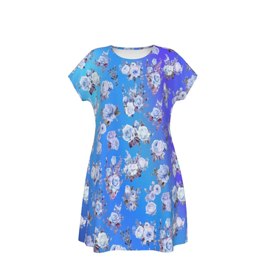 Women's Oversized Short Sleeve T-shirt Dress For Women - With Vibrant Blue Floral Pattern - Printspirationz