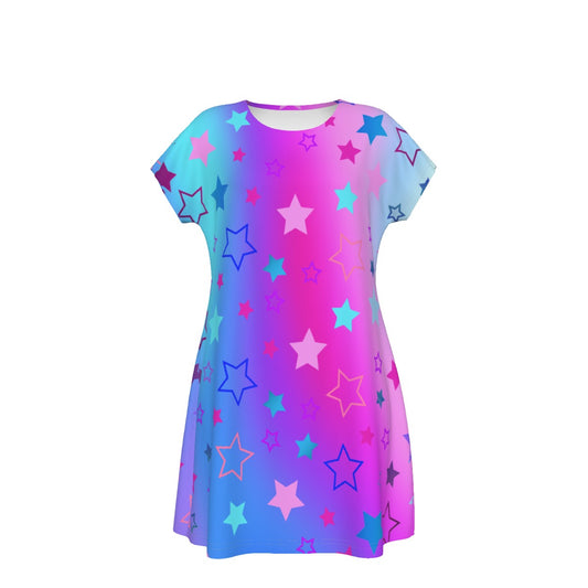 Women's Oversized Short Sleeve T-shirt Dress For Women - With Vibrant Blue, Pink, and Purple Star Pattern - Printspirationz
