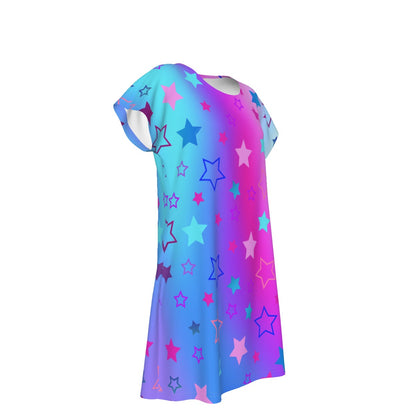 Women's Oversized Short Sleeve T-shirt Dress For Women - With Vibrant Blue, Pink, and Purple Star Pattern - Printspirationz