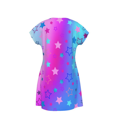Women's Oversized Short Sleeve T-shirt Dress For Women - With Vibrant Blue, Pink, and Purple Star Pattern - Printspirationz