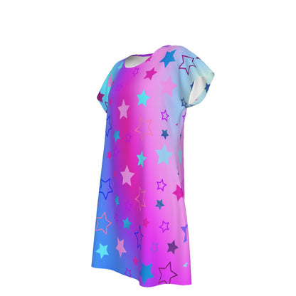 Women's Oversized Short Sleeve T-shirt Dress For Women - With Vibrant Blue, Pink, and Purple Star Pattern - Printspirationz