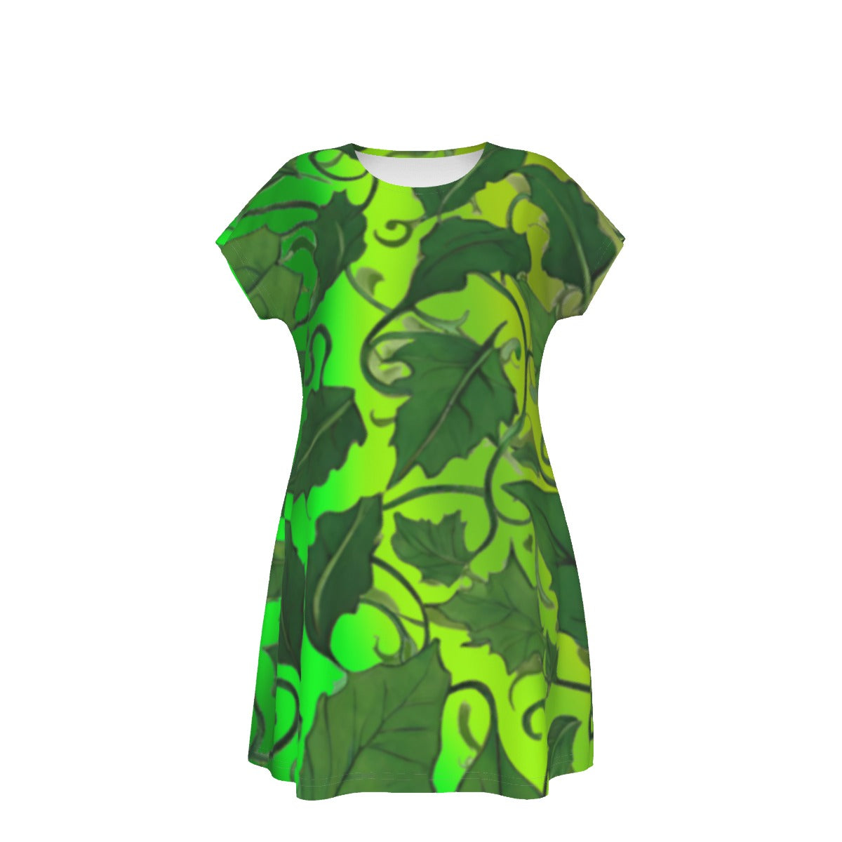 Women's Oversized Short Sleeve T-shirt Dress For Women - With Vibrant Green Leaves and Vines Pattern - Printspirationz