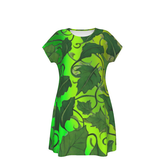 Women's Oversized Short Sleeve T-shirt Dress For Women - With Vibrant Green Leaves and Vines Pattern - Printspirationz