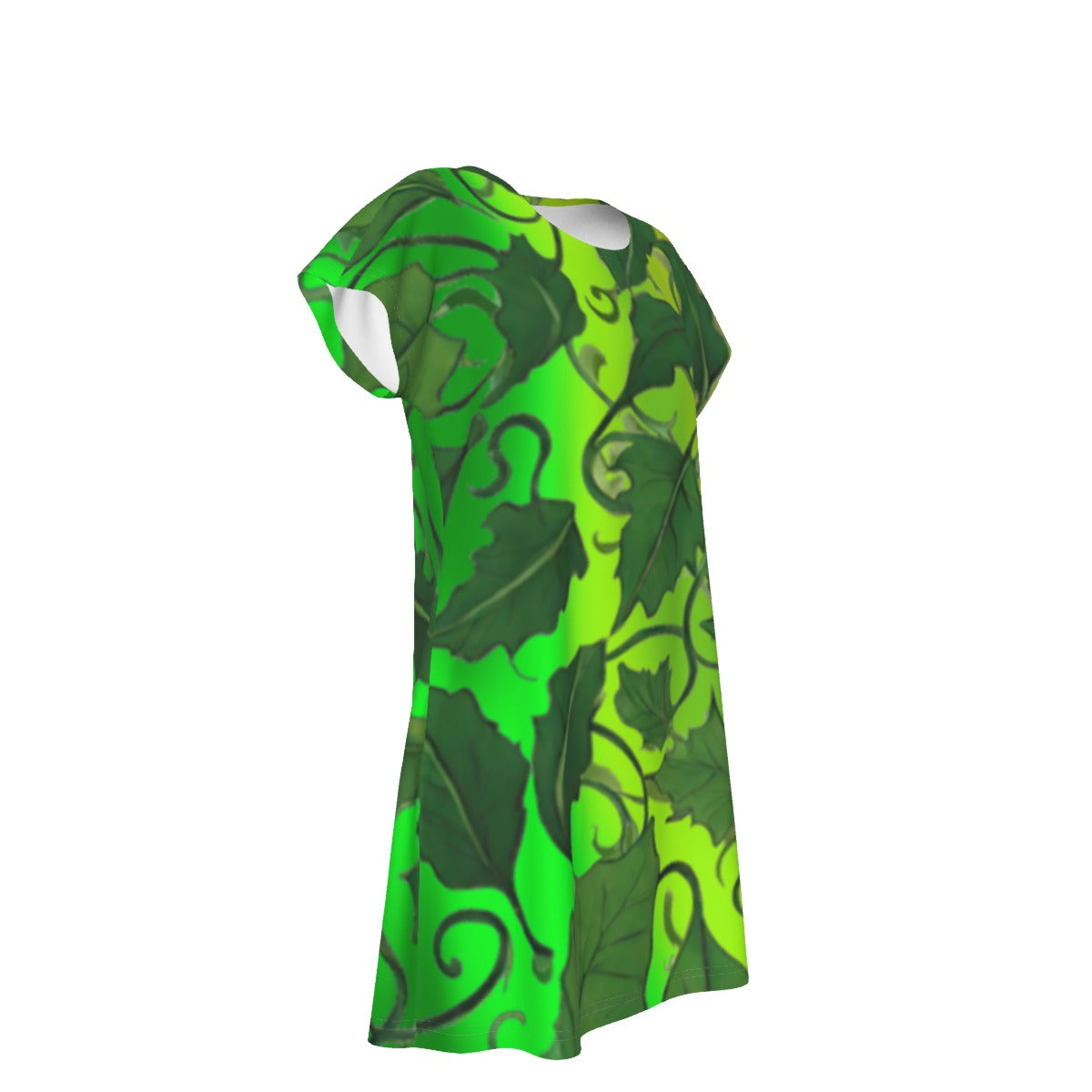 Women's Oversized Short Sleeve T-shirt Dress For Women - With Vibrant Green Leaves and Vines Pattern - Printspirationz