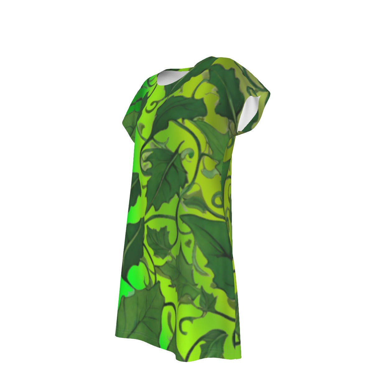 Women's Oversized Short Sleeve T-shirt Dress For Women - With Vibrant Green Leaves and Vines Pattern - Printspirationz