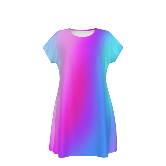 Women's Oversized Short Sleeve T-shirt Dress With Vibrant Color Patterns, Short Sleeve Nightshirt, Comfortable Lounge Sleep Dress, Pink Blue Purple Ombre Gradient - Printspirationz