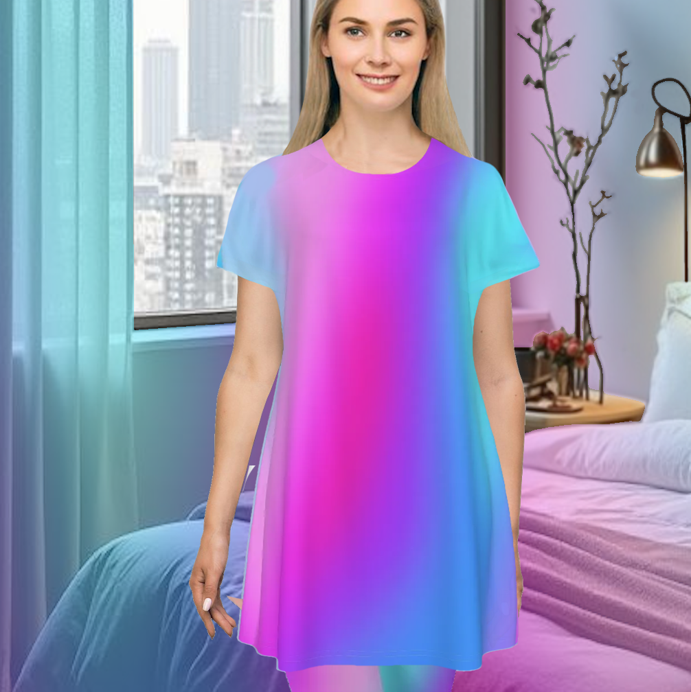 Women's Oversized Short Sleeve T-shirt Dress With Vibrant Color Patterns, Short Sleeve Nightshirt, Comfortable Lounge Sleep Dress, Pink Blue Purple Ombre Gradient - Printspirationz