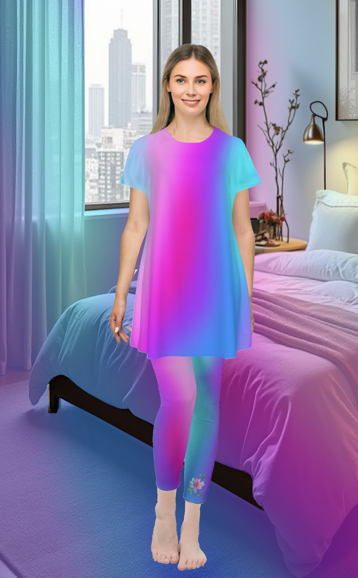 Women's Oversized Short Sleeve T-shirt Dress With Vibrant Color Patterns, Short Sleeve Nightshirt, Comfortable Lounge Sleep Dress, Pink Blue Purple Ombre Gradient - Printspirationz