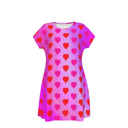 Women's Oversized Short Sleeve T-shirt Dress With Vibrant Hearts Pattern - Printspirationz