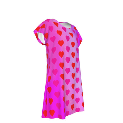 Women's Oversized Short Sleeve T-shirt Dress With Vibrant Hearts Pattern - Printspirationz