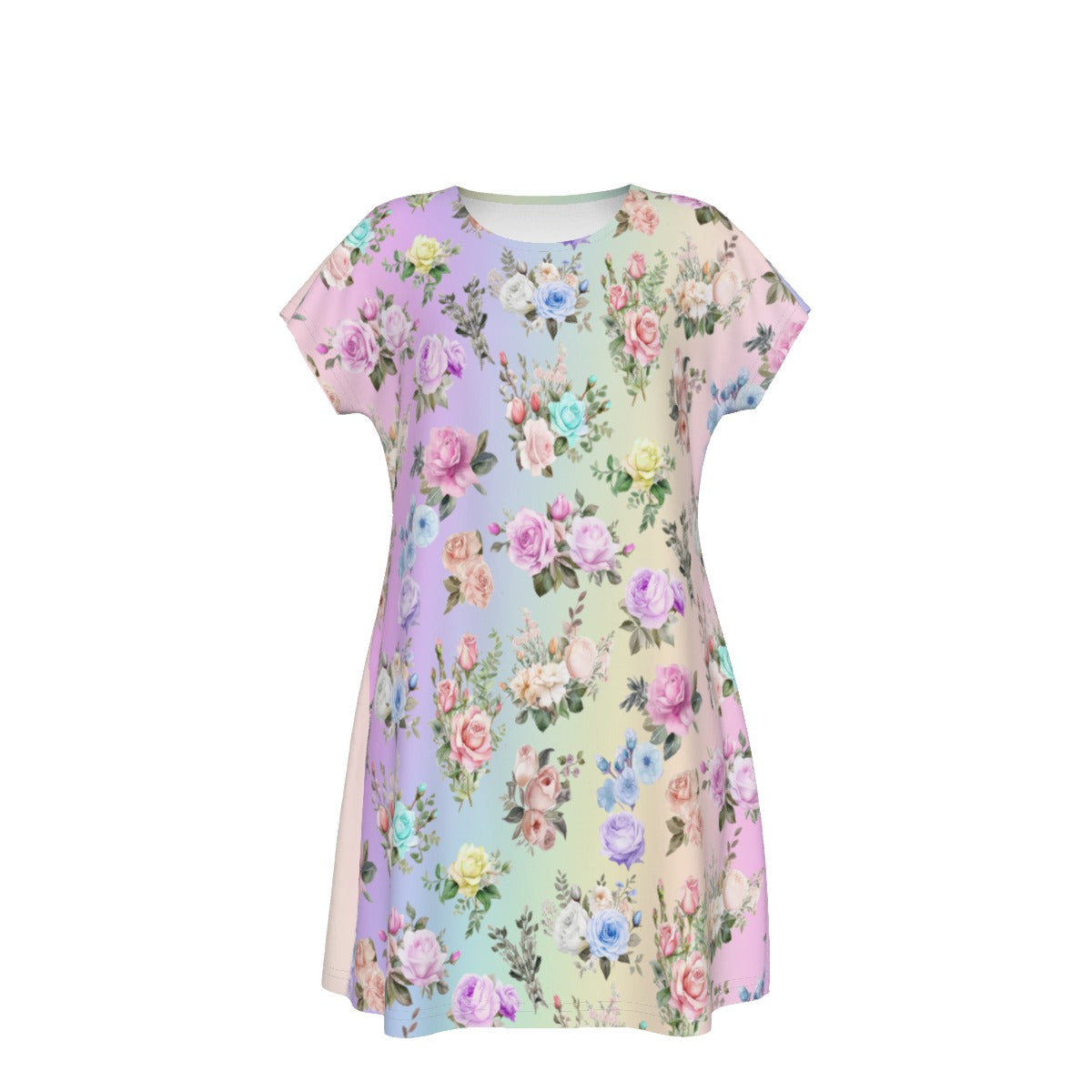 Women's Oversized Short Sleeve T-shirt Dress With Vibrant Pastel Floral Pattern, Short Sleeve Nightshirt - Printspirationz