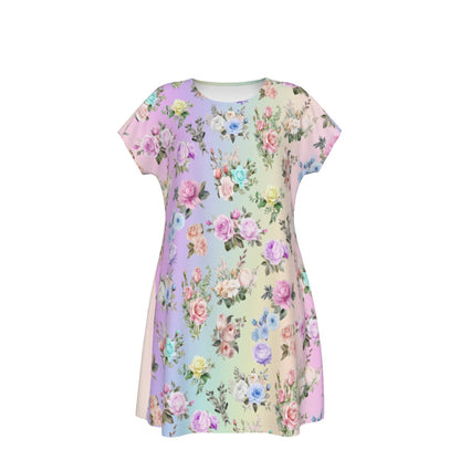 Women's Oversized Short Sleeve T-shirt Dress With Vibrant Pastel Floral Pattern, Short Sleeve Nightshirt - Printspirationz