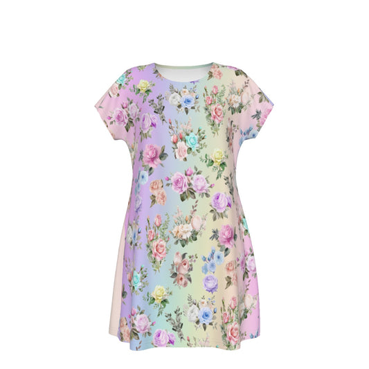 Women's Oversized Short Sleeve T-shirt Dress With Vibrant Pastel Floral Pattern, Short Sleeve Nightshirt - Printspirationz
