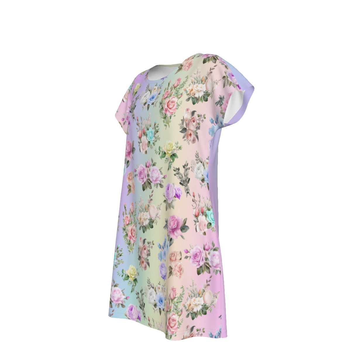 Women's Oversized Short Sleeve T-shirt Dress With Vibrant Pastel Floral Pattern, Short Sleeve Nightshirt - Printspirationz