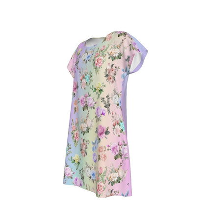 Women's Oversized Short Sleeve T-shirt Dress With Vibrant Pastel Floral Pattern, Short Sleeve Nightshirt - Printspirationz