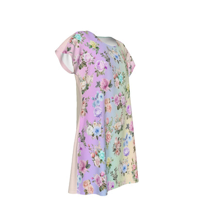 Women's Oversized Short Sleeve T-shirt Dress With Vibrant Pastel Floral Pattern, Short Sleeve Nightshirt - Printspirationz