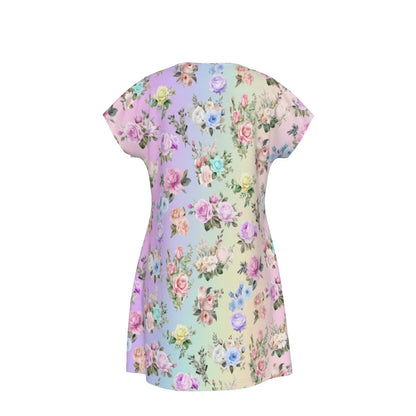 Women's Oversized Short Sleeve T-shirt Dress With Vibrant Pastel Floral Pattern, Short Sleeve Nightshirt - Printspirationz