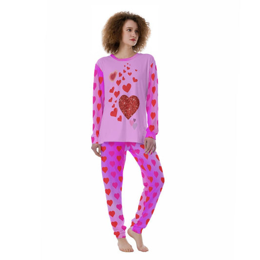 Women’s Pajama Set – Fun Heart Pattern Crew‑Neck Sleepwear Two‑Piece Lounge Set - Printspirationz