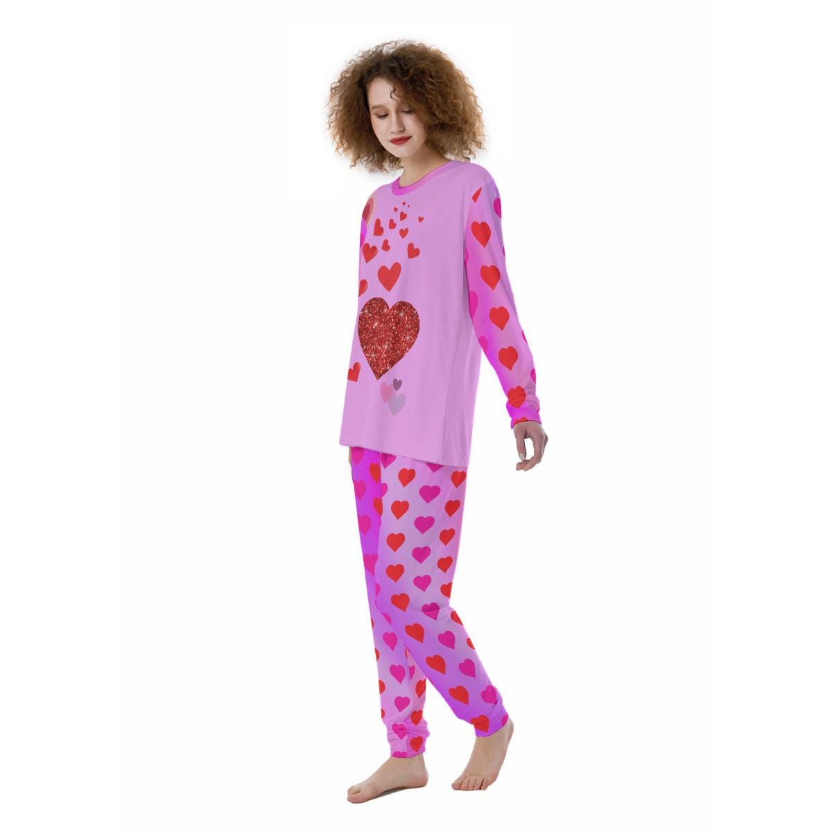 Women’s Pajama Set – Fun Heart Pattern Crew‑Neck Sleepwear Two‑Piece Lounge Set - Printspirationz