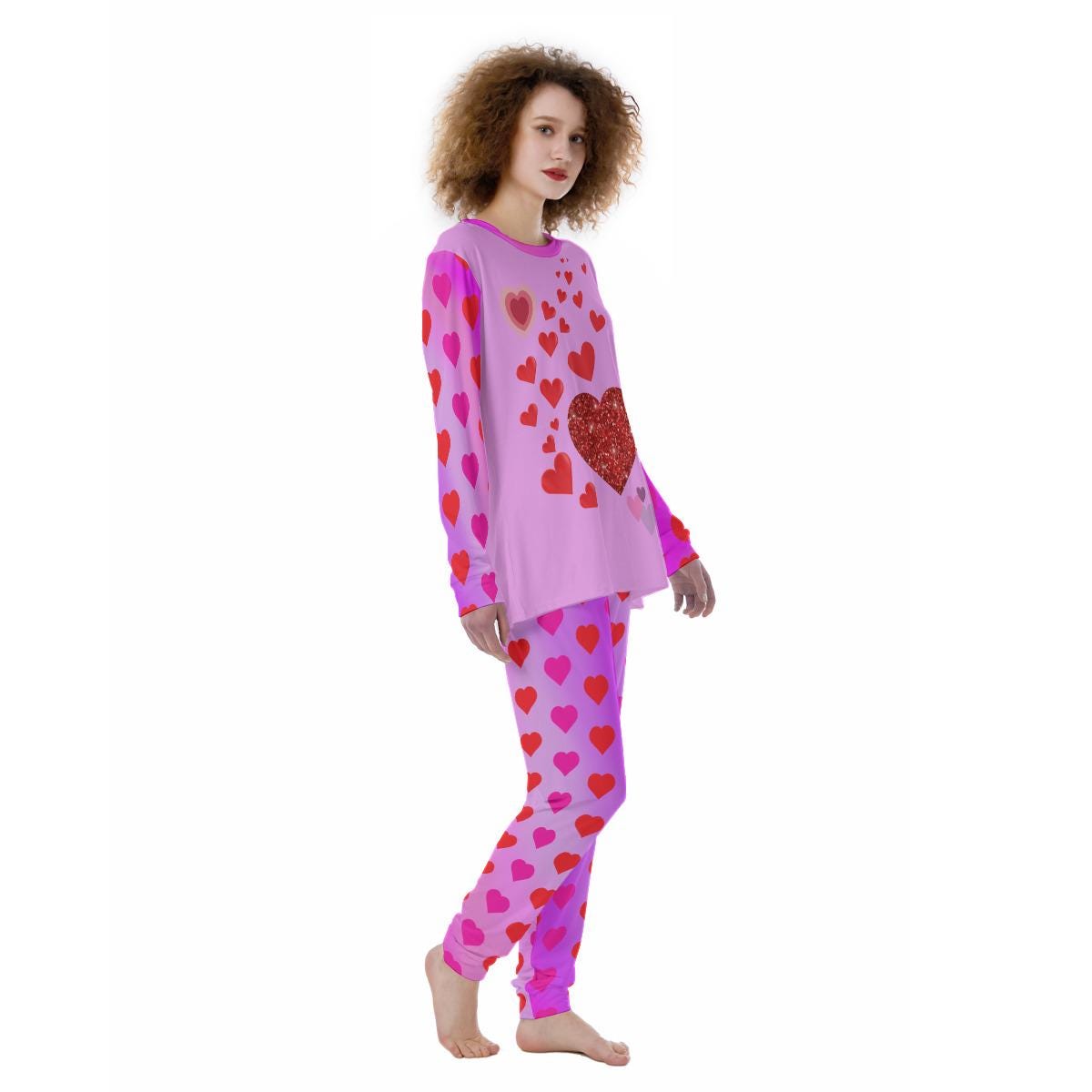 Women’s Pajama Set – Fun Heart Pattern Crew‑Neck Sleepwear Two‑Piece Lounge Set - Printspirationz