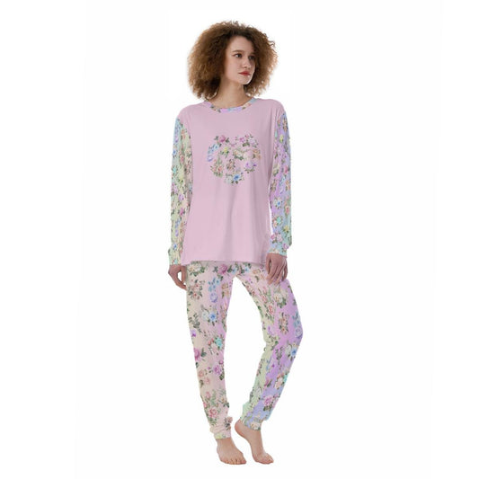 Women’s Pajama Set – Pastel Rainbow Floral Pants with Matching Pink Long Sleeve Top - Printspirationz