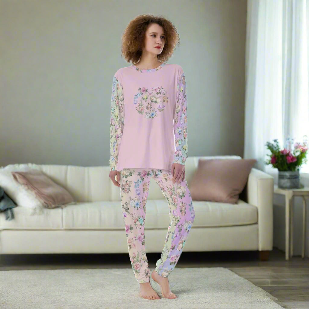 Women’s Pajama Set – Pastel Rainbow Floral Pants with Matching Pink Long Sleeve Top - Printspirationz