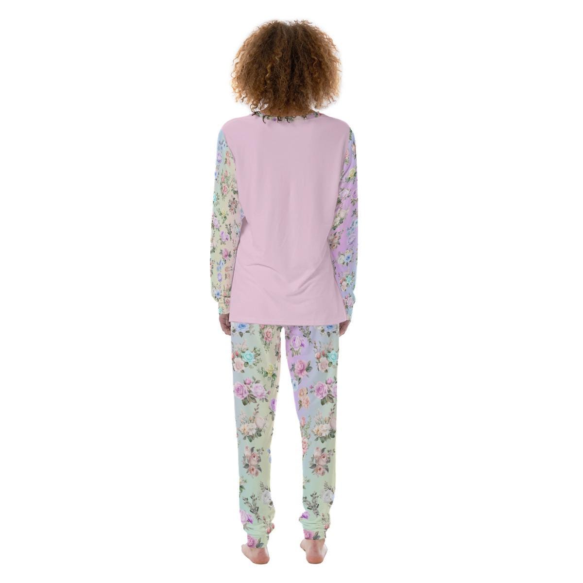 Women’s Pajama Set – Pastel Rainbow Floral Pants with Matching Pink Long Sleeve Top - Printspirationz