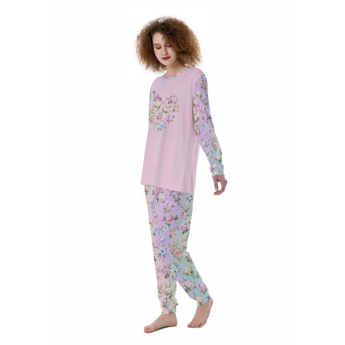 Women’s Pajama Set – Pastel Rainbow Floral Pants with Matching Pink Long Sleeve Top - Printspirationz